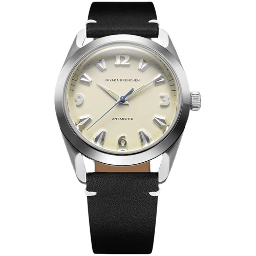 Nivada Grenchen Antarctic Watch | 38mm | Automatic | Eggshell Beige | Black Leather Strap with White Stitching