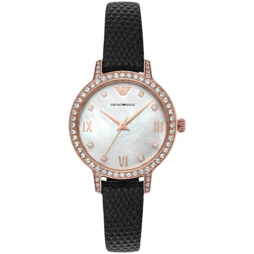 Emporio Armani Cleo Ladies Watch | 32mm | White Mother of Pearl | Black Leather Strap