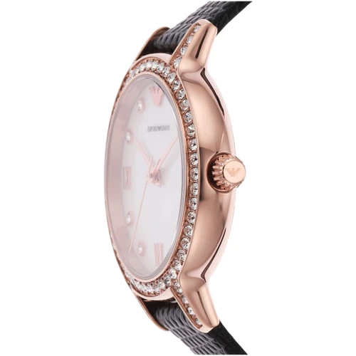 Emporio Armani Cleo Ladies Watch | 32mm | White Mother of Pearl | Black Leather Strap