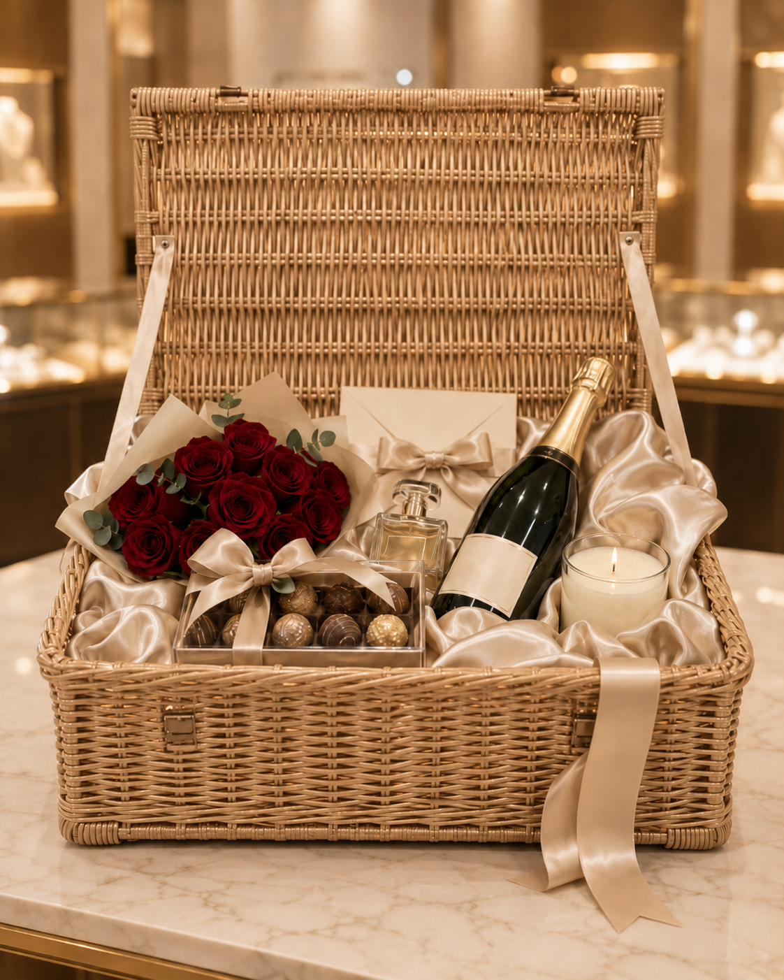 Hamper contents including roses and wine
