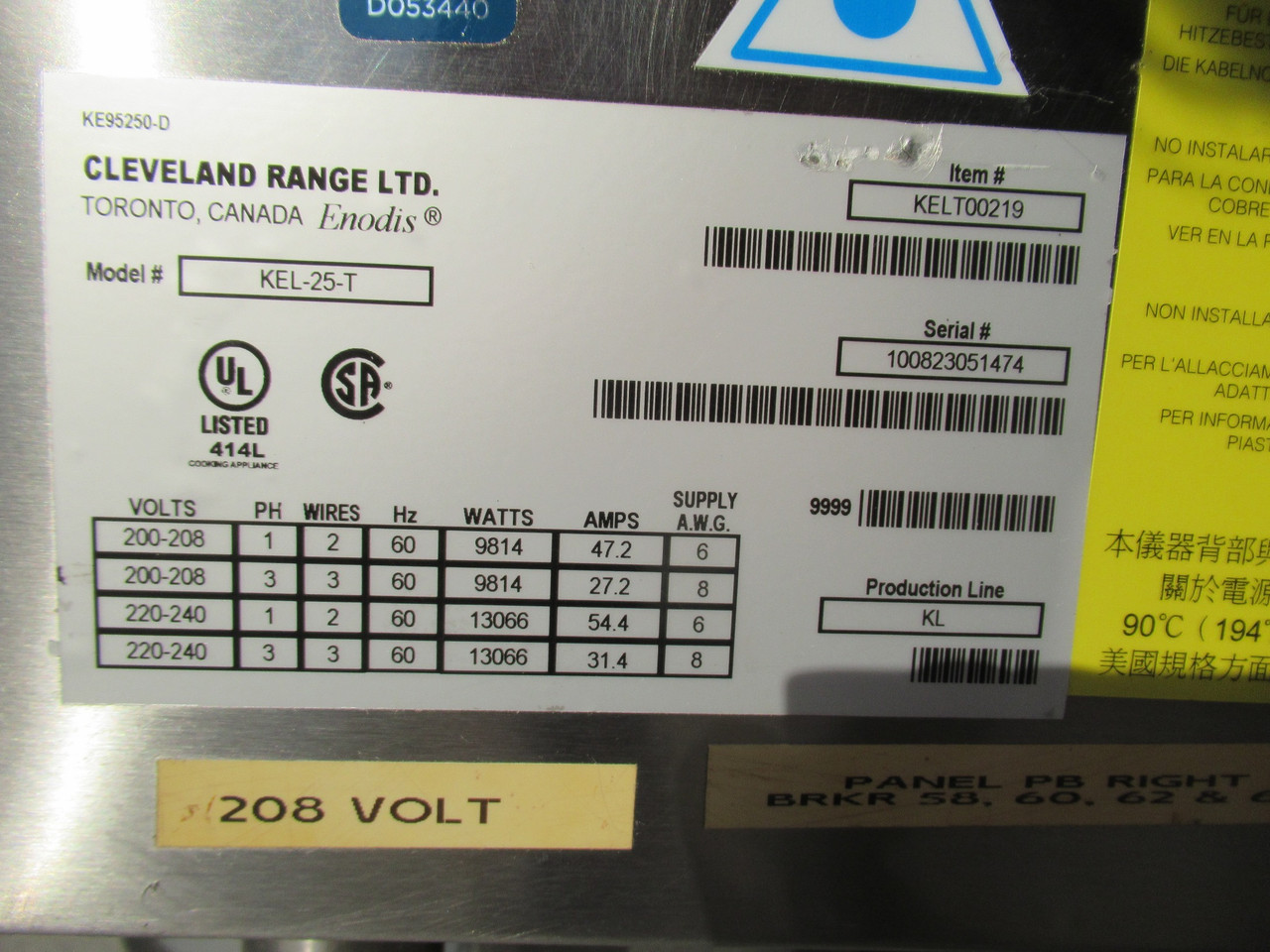 Cleveland 25 Gal Electric Tilting Steam Kettle KEL25T 200-240V 1-3 Ph