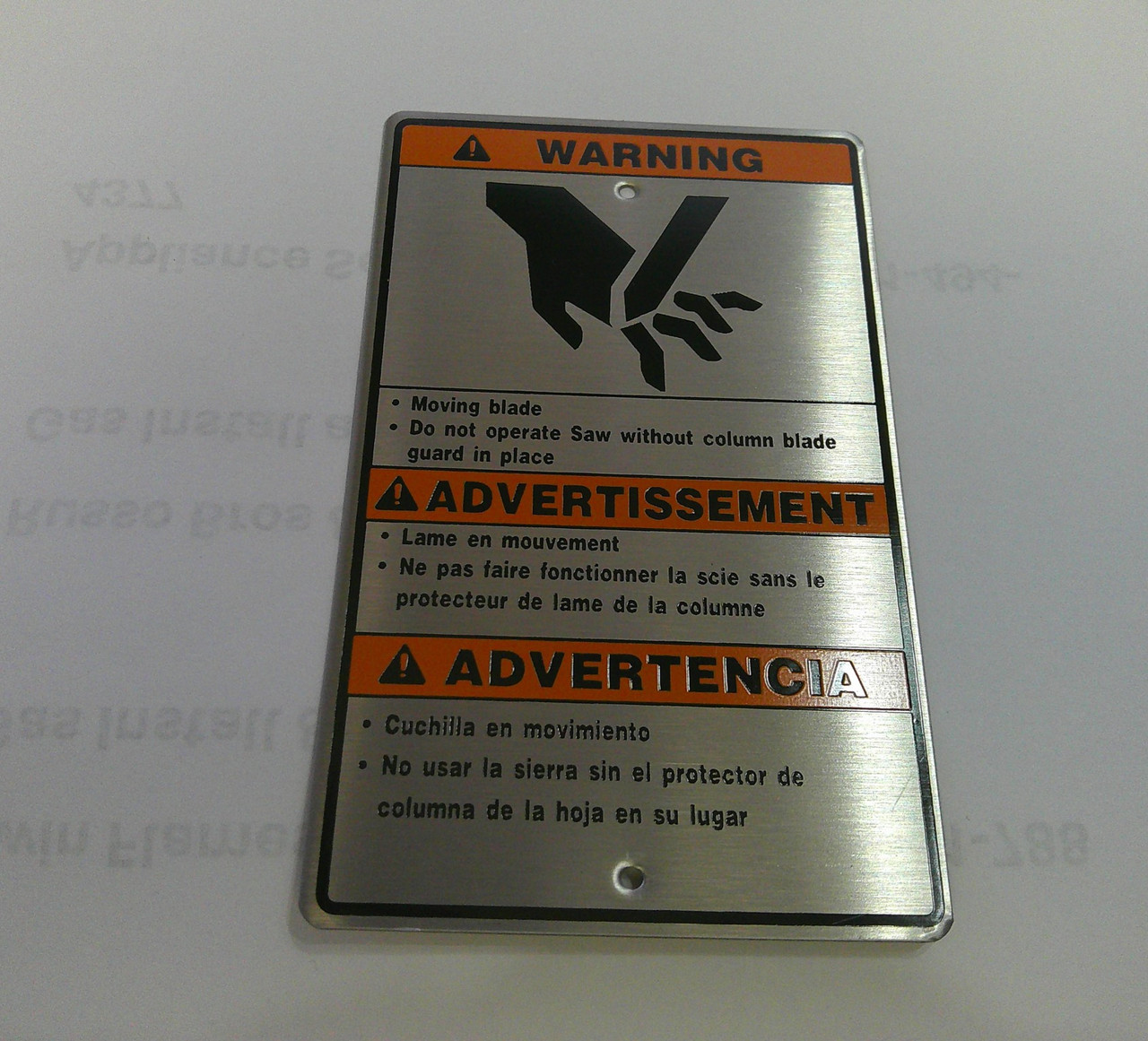 Hobart Meat Saw Warning Metal Label 00-916957-00069