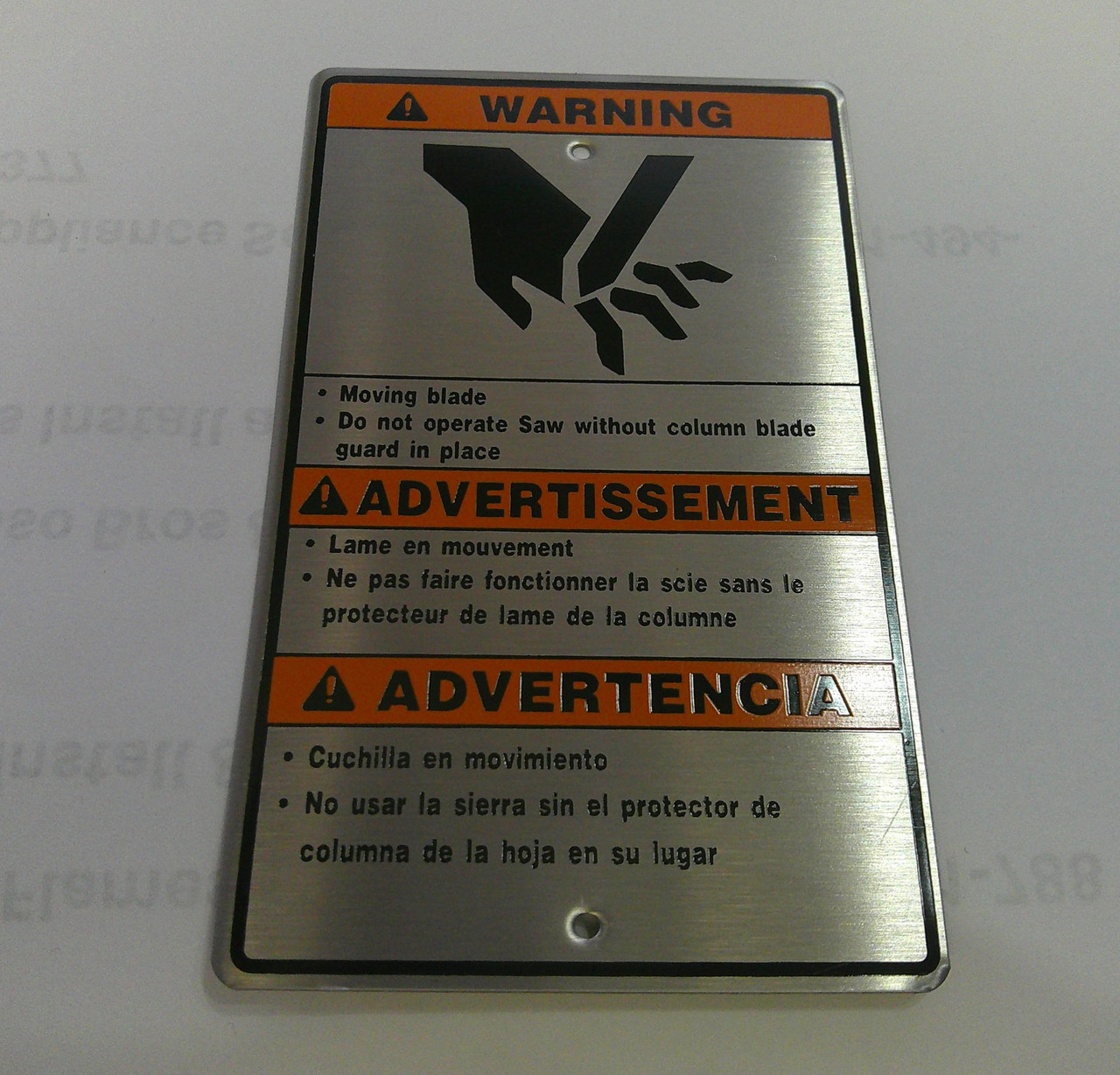 Hobart Meat Saw Warning Metal Label 00-916957-00069