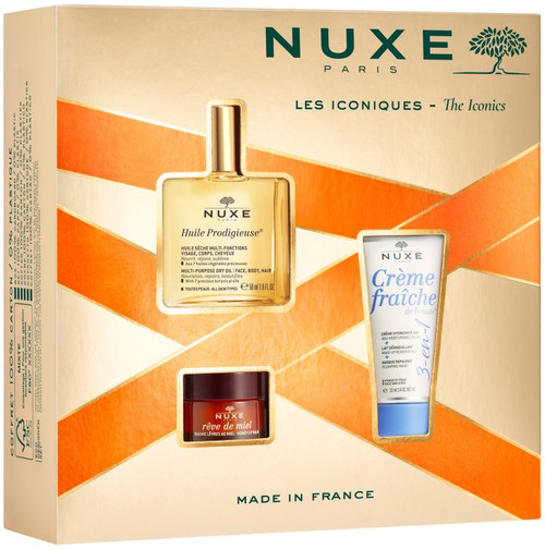 NUXE Estuche Los Icónicos: Huile Prodigieuse 50ml + Creme Fraiche 3 en 1 Hidratante 30ml + Reve Miel Bálsamo Labios