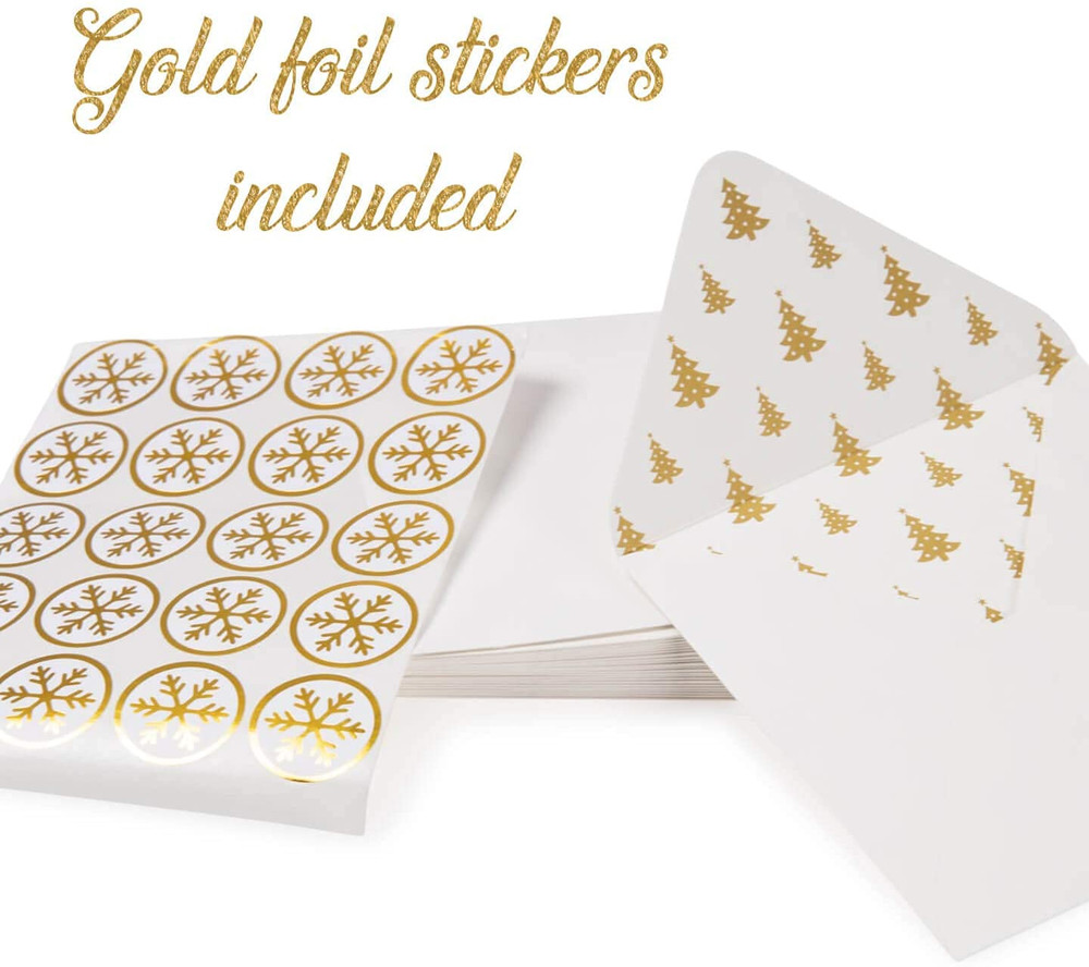 20 Christmas Holiday Greeting Gold Foil Envelopes Stickers Cards Bulk 5x5 inch