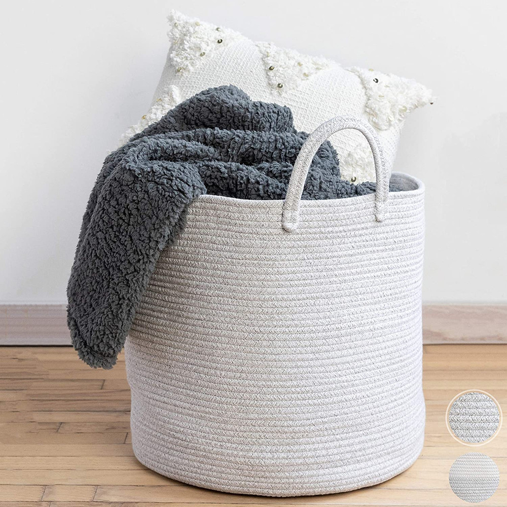 Premium Woven Rope Storage Basket Large Blanket Basket for Living Room Bin Laundry Cotton 22"x16"
