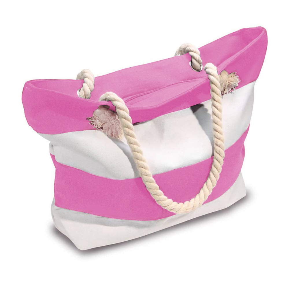 Canvas Tote Shoulder Bag for Pool and Beach with Top and Inner Zipper Rope Handles with Waterproof Bag for Phone Included, Medium, Red and White