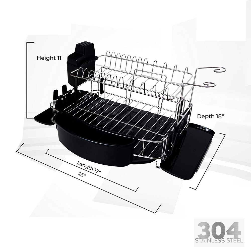 Dish drying rack stainless steel, fully customizable 2 tier with 3 drainboards, utensil, cup, wine glass holder, black