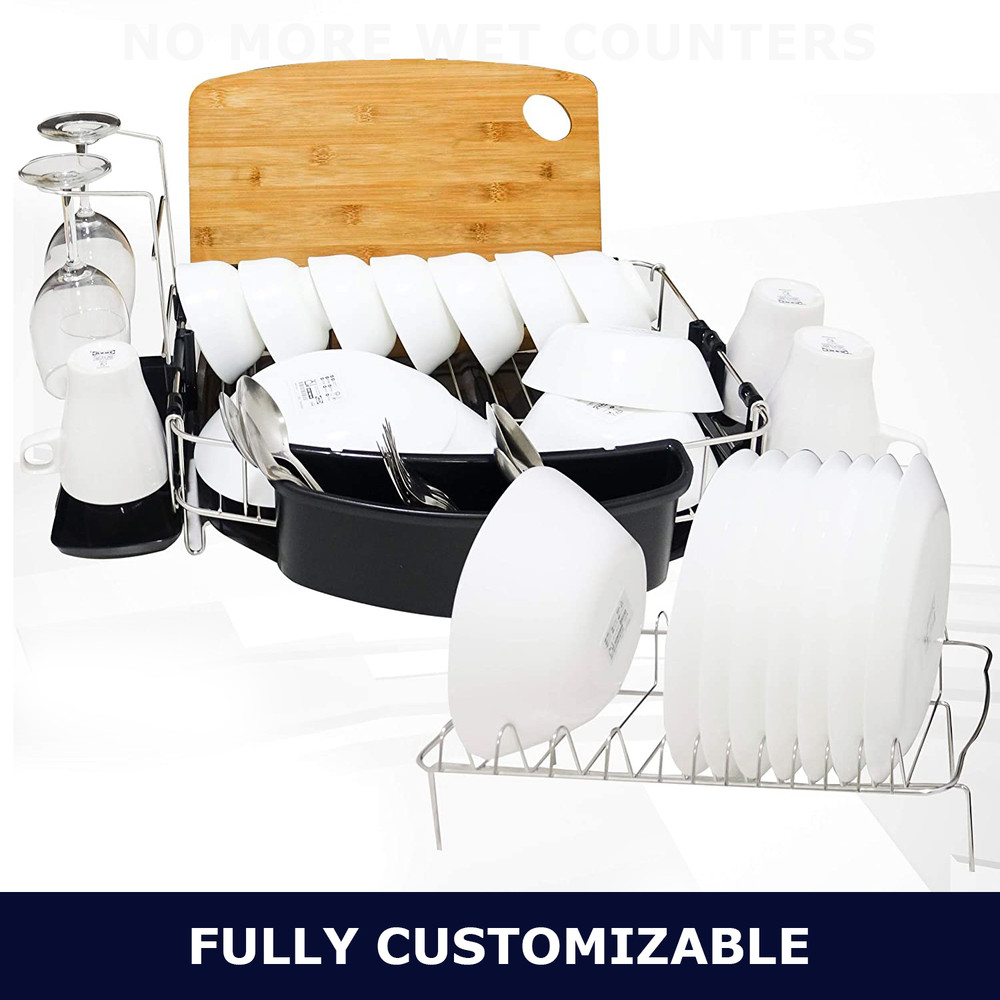 Dish drying rack stainless steel, fully customizable 2 tier with 3 drainboards, utensil, cup, wine glass holder, black