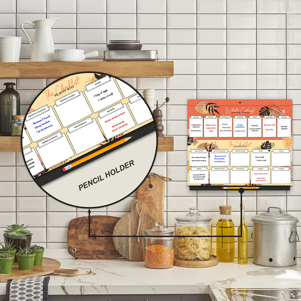 Meal and Shopping Planner Organizer, Magnetic or Wall Mount Kitchen Planning with Easy Tear-Off Grocery Lists
