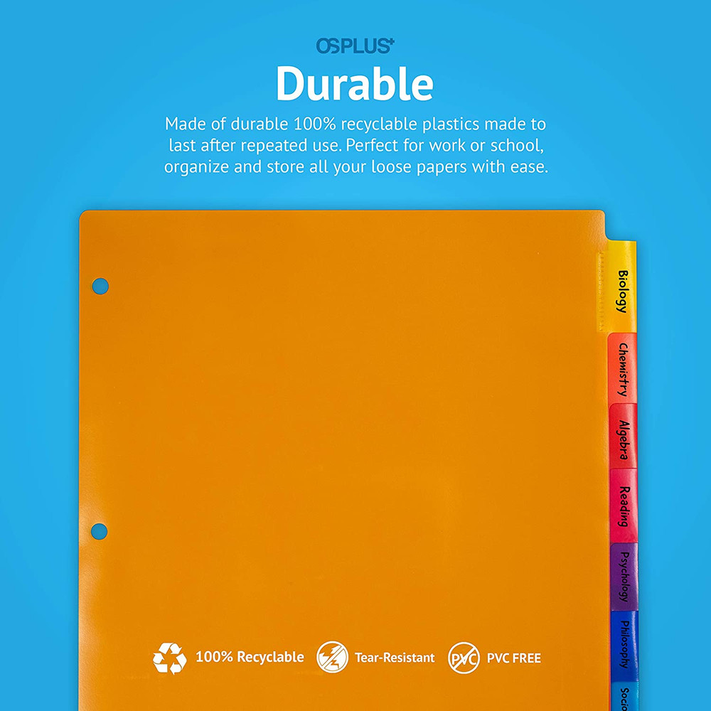OS Plus 8-Tab Plastic Binder Dividers, Insertable Multicolor Big Tabs