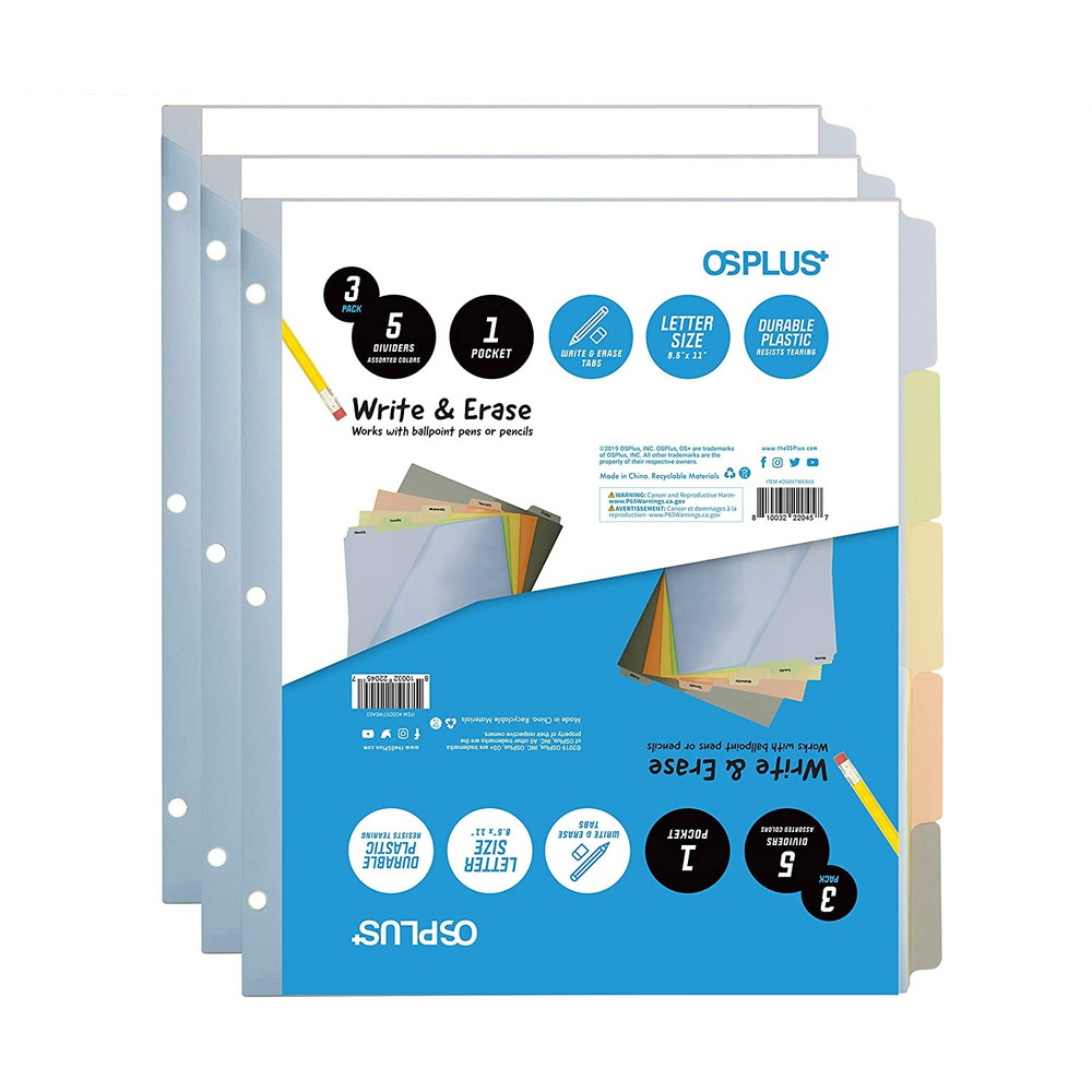 OS Plus 5-Tab, Write & Erase, Binder Dividers, Single Pocket, Assorted