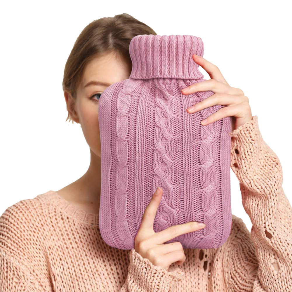 Classic Transparent 2 Liter Hot Water Bag Bottle Knitted Cover Hand Warmer Pink
