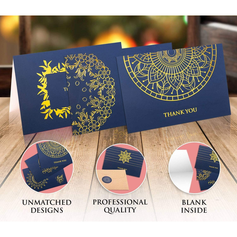 36 Gold Foil Thank You Cards Navy Blue - Blank Bulk Note Cards with Envelopes & Stickers | Rustic Elegant Design for Wedding, Graduation, Funeral, Sympathy, Business, Holiday, Anniversary