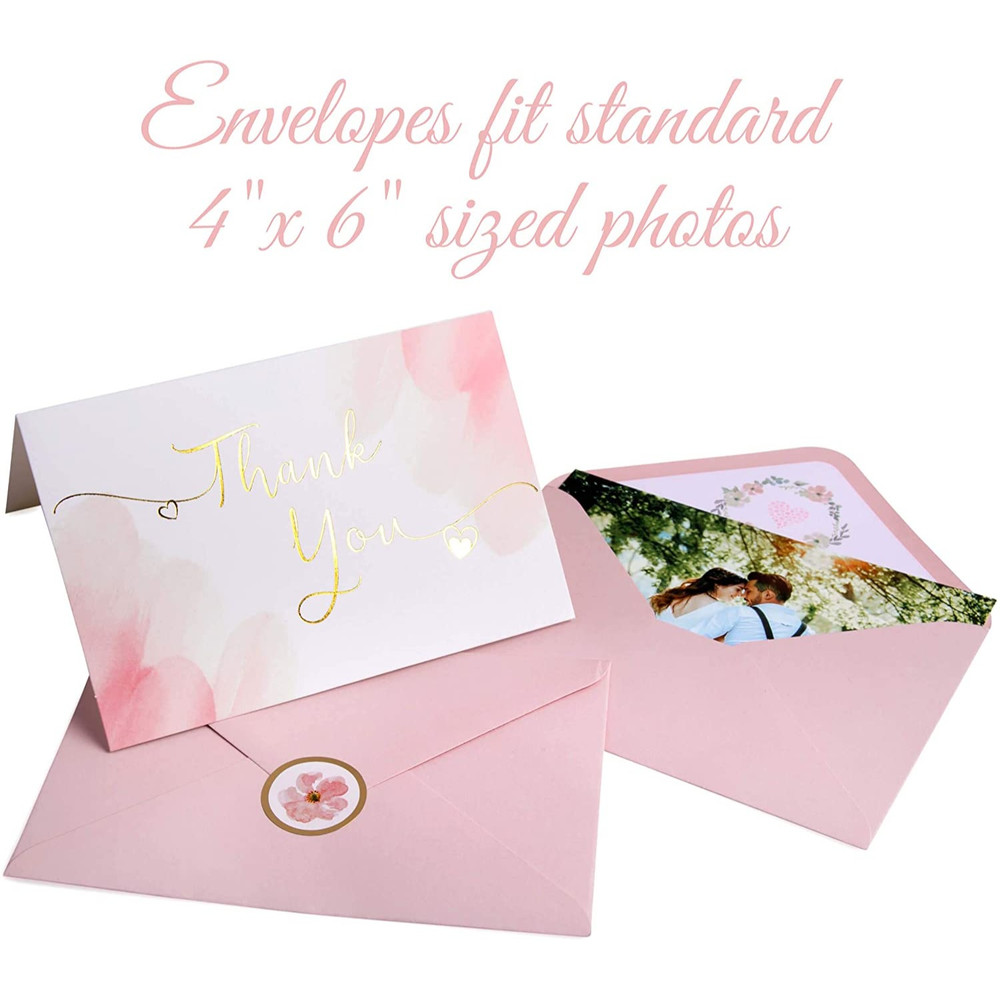 40 Gold Pink All Occasions Envelopes, Stickers Thank You Notes Cards Set 4x6"