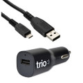 Trio Single USB 2.4A (12W) DC Car Power Adapter Charger microUSB Cable - Black
