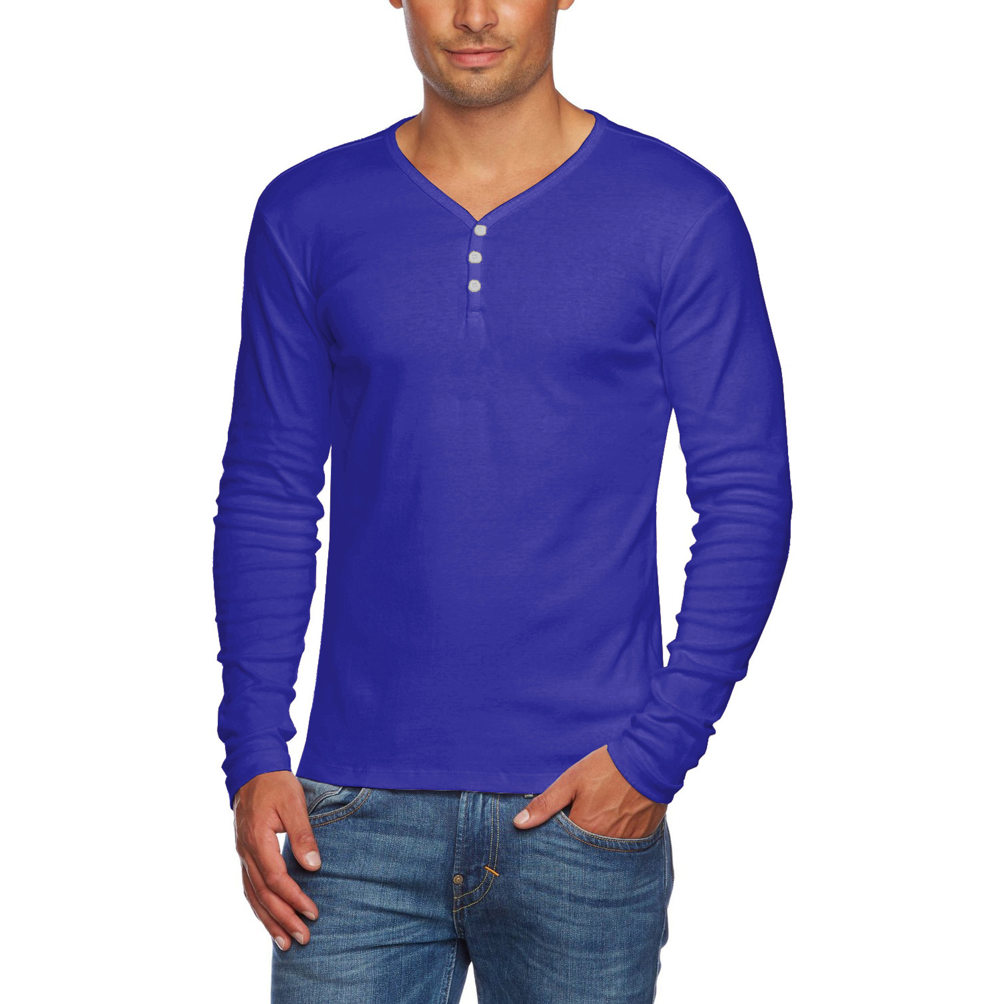 Alta Men's Slim Fit V Neck Long Sleeve 3 Button Up T-Shirt - Blue - Small