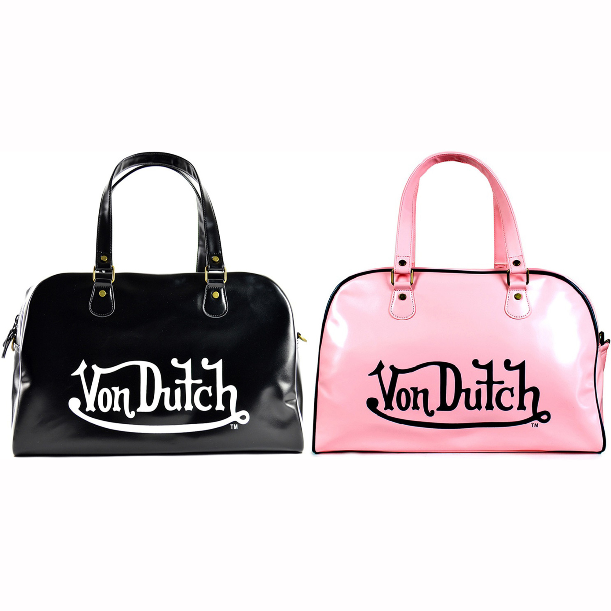 Von Dutch Glossy Faux Leather Bowling Bag Purse With Shoulder Strap