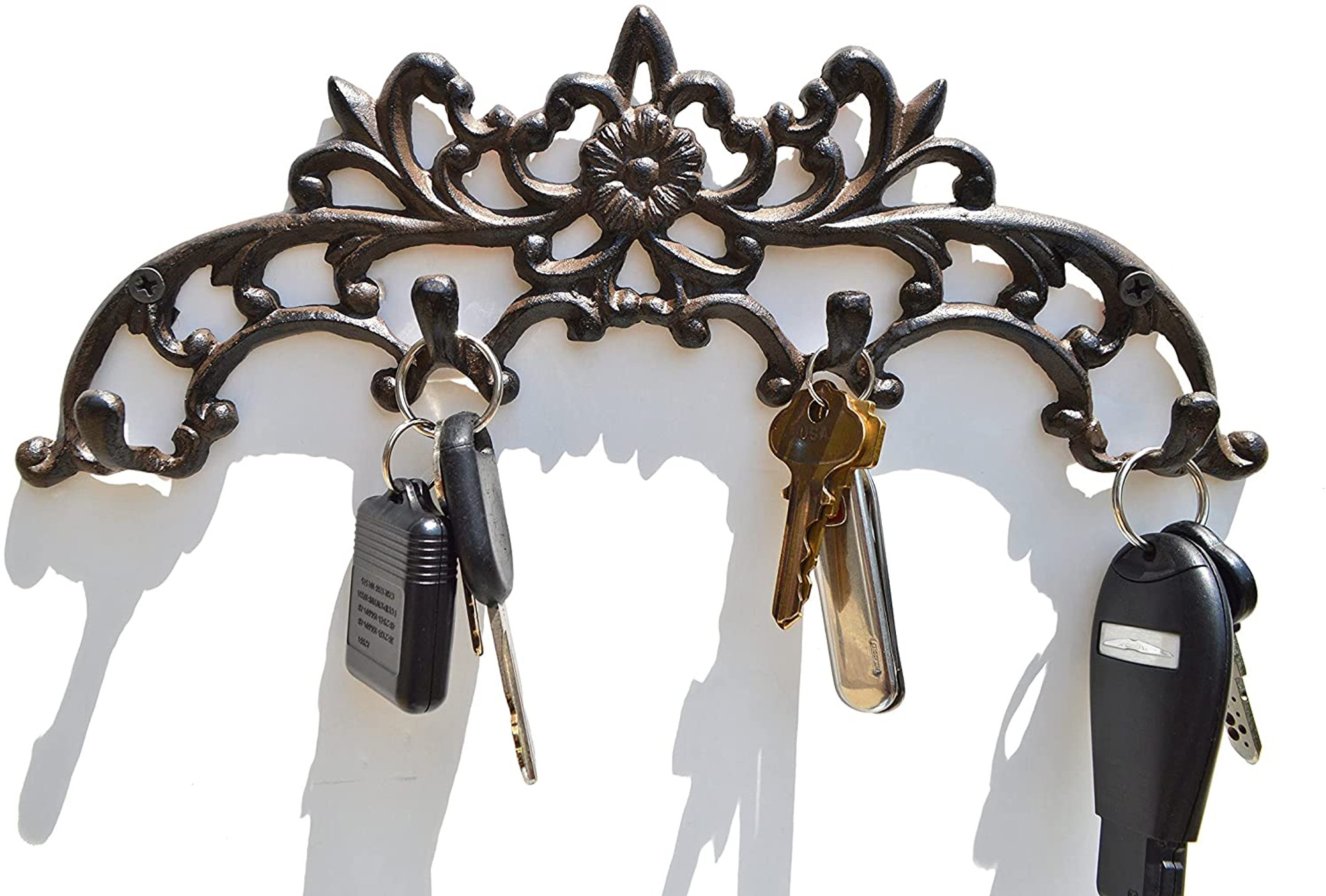Decorative Key Holder Rack Flower Décor 4 Cast Iron Antique Rustic Brown