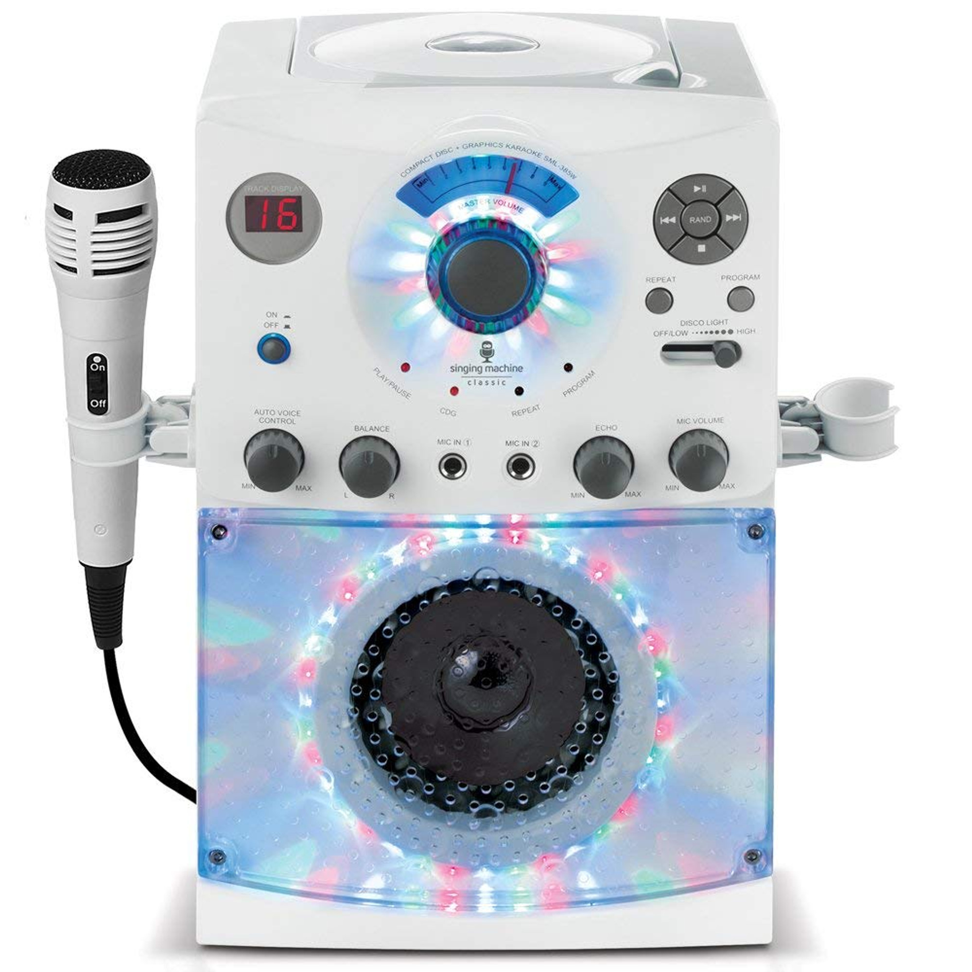 Singing Machine Top Loading CD-G Karaoke System w/ Sound & Disco Lights,  White