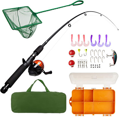 Kids Fishing Pole And Tackle Box Fishing Kit 17" Telescoping Fishing Rod 32 Pcs Green Or Pink