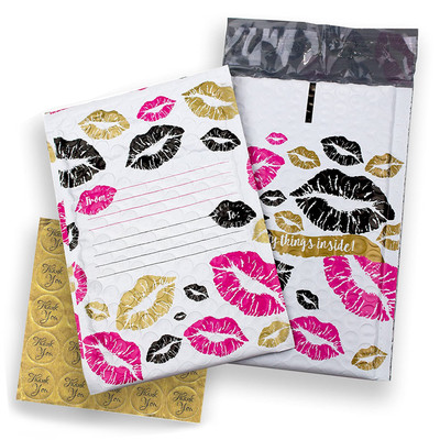 4x8 Inch Pack of 60 Kisses Poly Bubble Mailers Labels and Thank You Stickers