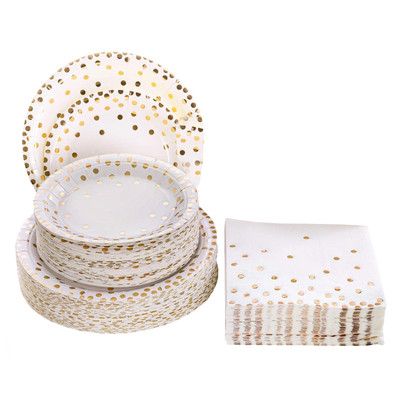Gold Dot Dinnerware Set Paper Plates Holiday Parties 7 & 9 inch, Napkins 50 Pack