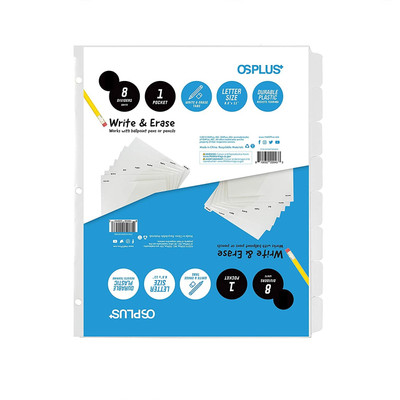 OS Plus 8-Tab 3 Ring White Plastic w/Write & Erase Tab Binder Dividers - 1 Set