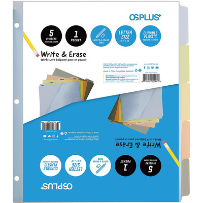 OS Plus 5‑Tab Plastic Binder Dividers Write & Erase Tabs White 3‑Ring
