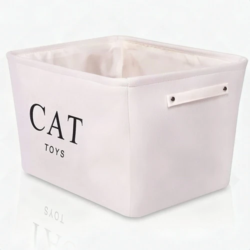 Canvas Storage Basket Rectangular with Handles 7.5''x16''x12.25'', Household Storage For Blankets, Towels, Toys - White Canvas, Cat Toys Print