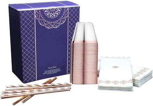 100 Pieces Rose Gold Disposable Dinnerware Party Set – 25 Cups (9oz), 25 Linen-Feel Napkins, 50 Paper Straws – Elegant Dinnerware for Weddings, Birthdays & Events