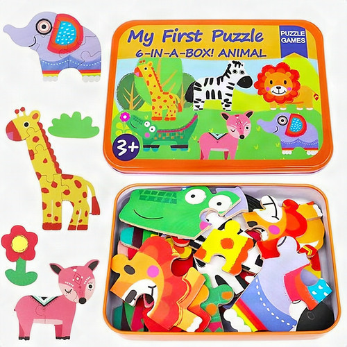 Educational Animal Puzzles for Kids Ages 2-6 – 6-in-1 Toddler Jigsaw Puzzle Box Set – Colorful Wooden Learning Toy for Boys & Girls – Shape Sorting, Fine Motor Skills, Early Education Gift