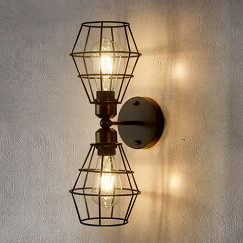 Metal Industrial Farmhouse Wall Sconce, 2-Lights, Retro Cage Wall Mount, Black Finish Lighting Fixture for Living Room, Bedroom, Garage, Hallway