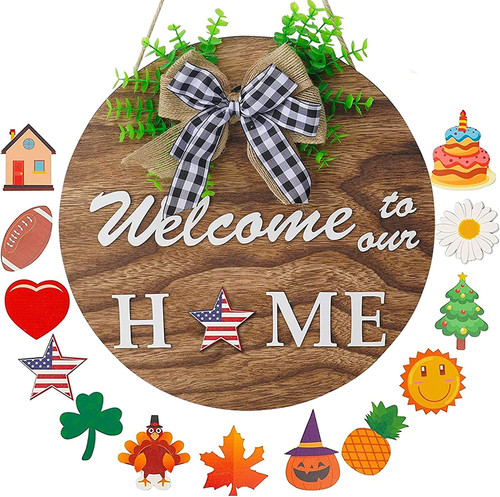 Festival Hanging Board Welcome Door Sign Rusty Fall Thanksgiving Round Wreath Wood