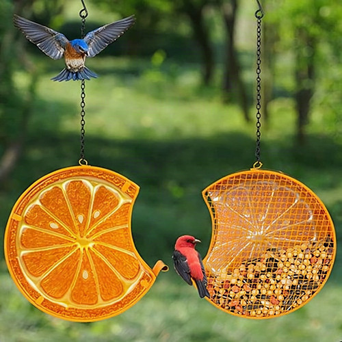 Orange Bird Feeder for Outdoors – Hanging Metal Fruit & Seed Feeder with Iron Mesh, Durable Rust-Resistant Design, Attracts Birds with Bright Color & Fresh Aroma – 7"x6.7"x2" Garden Decor