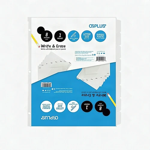 OS Plus 8-Tab 3 Ring White Plastic w/Write & Erase Tab Binder Dividers - 1 Set