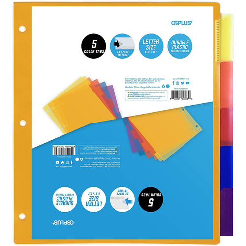 OS Plus 5-Tab Plastic Binder Dividers, Insertable Multicolor Big Tabs