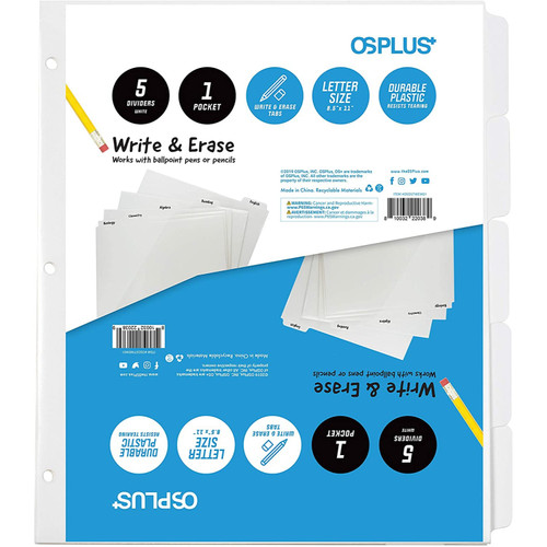 OS Plus 5-Tab, Write & Erase Binder Dividers with Single Pocket, White