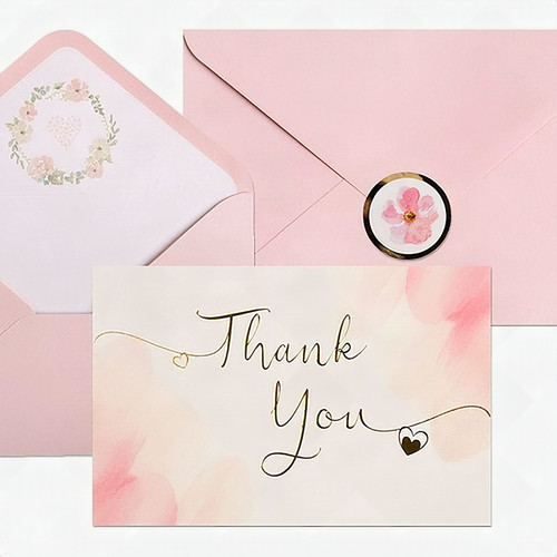 40 Gold Pink All Occasions Envelopes, Stickers Thank You Notes Cards Set 4x6"