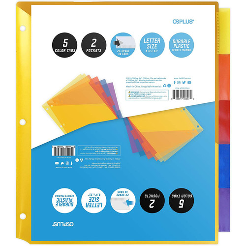 OS Plus 5-Tab Plastic Binder Dividers w/ 2 Pockets, Insertable Big Tabs