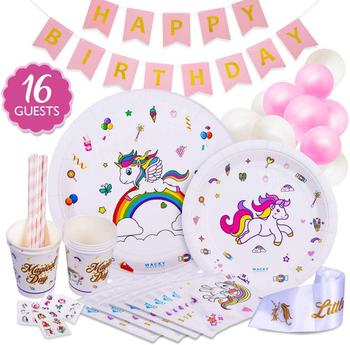 116 PCS Unicorn Balloon Plates Cups Napkins Straws Birthday Party 16 Guest Set