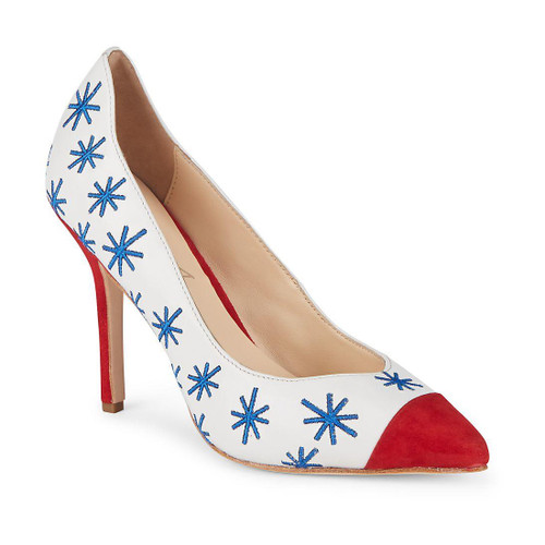 Isa Tapia Estrella Asterisk Embroidered Suede White Trim Leather Pumps
