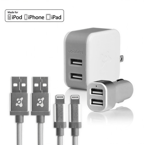 Ubio Labs USB Wall and Car Charger w/ Certified Lightning USB Cables Kit