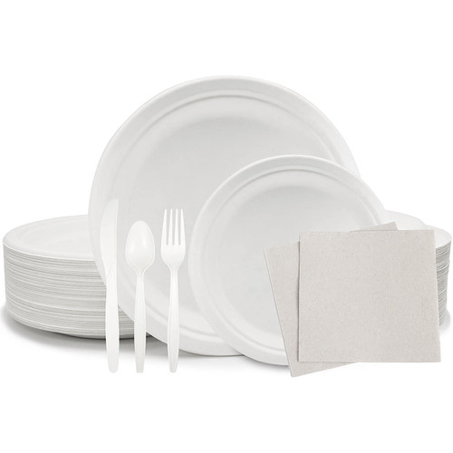 300 PCS Disposable Eco-Friendly Premium Party Supply Dinnerware Plates Forks Spoons Knives Napkins 50 Guests Set