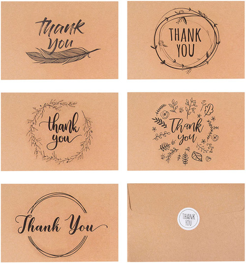 40 Kraft Rustic Envelopes, Stickers Thank You Notes Cards Bulk Set 4x6 inch