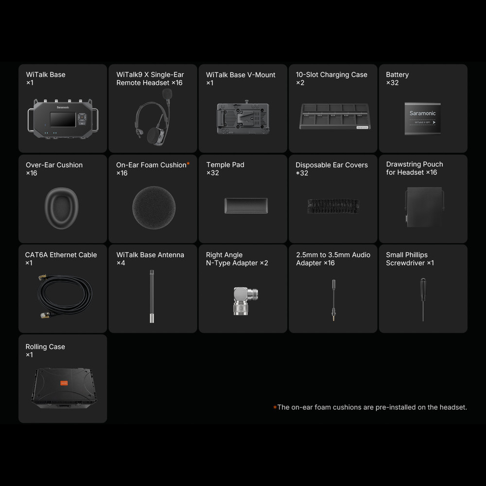 WiTalk Base V16X | 16-Person Intercom System with WiTalk9X Single-Ear Headsets and Base (V-Mount)