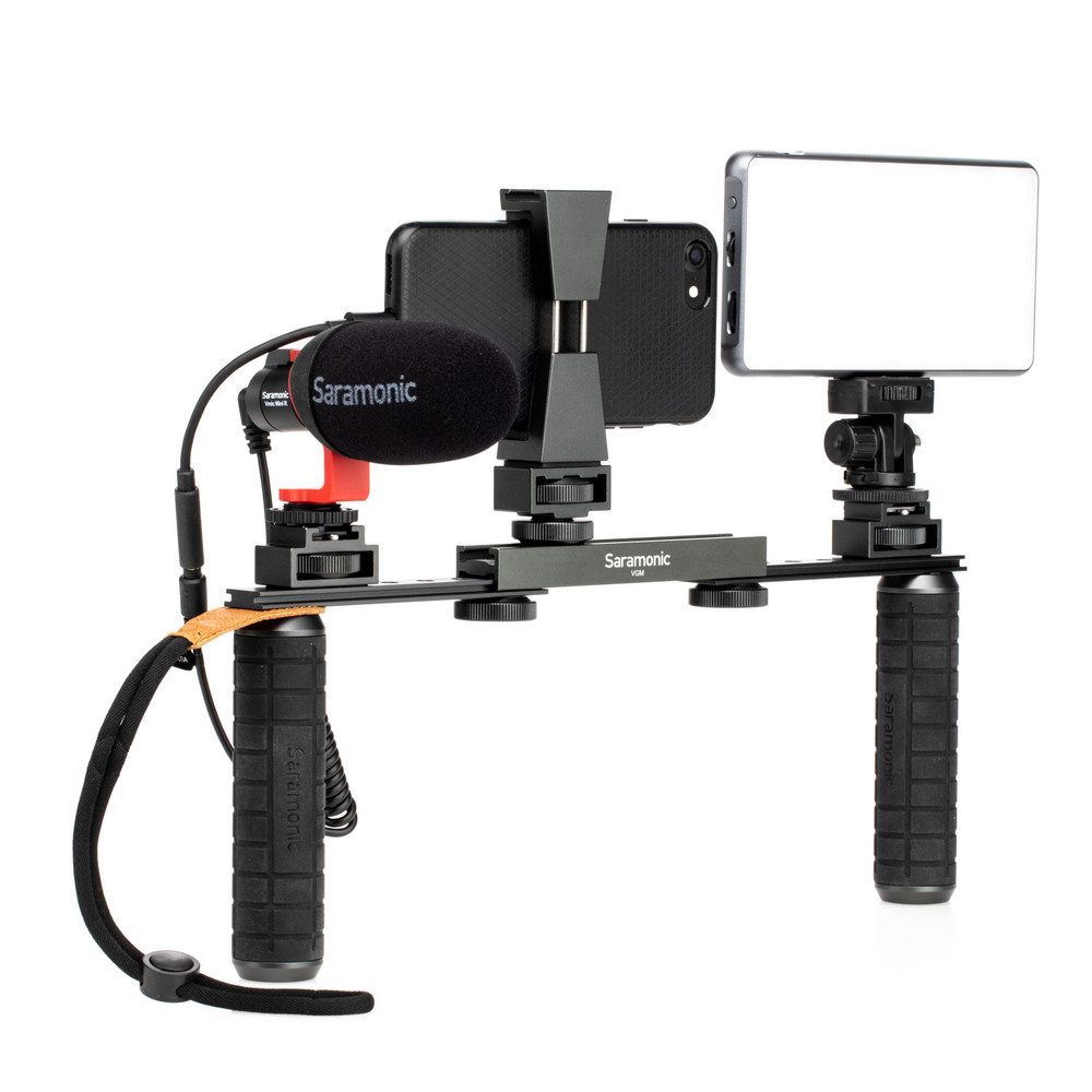 VGM Smartphone/Camera Vlogging & Video Production Kit with Adjustable Dual Stabilizing Grips, Shoe Mounts & Vmic Mini Microphone