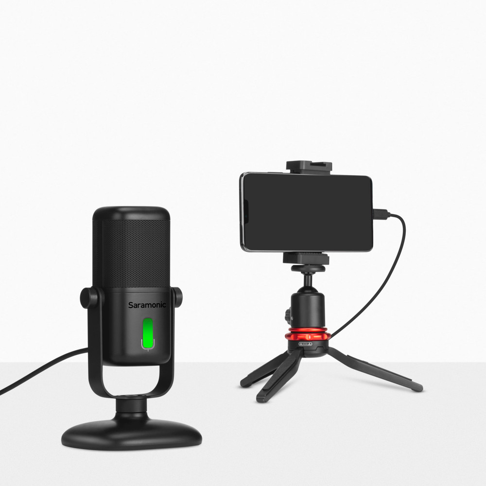 SR-MV2000 Large Diaphragm USB Studio Microphone with Magnetic Tabletop Stand, Headphone Out and Multi-Color LED for Computers and Mobile Devices