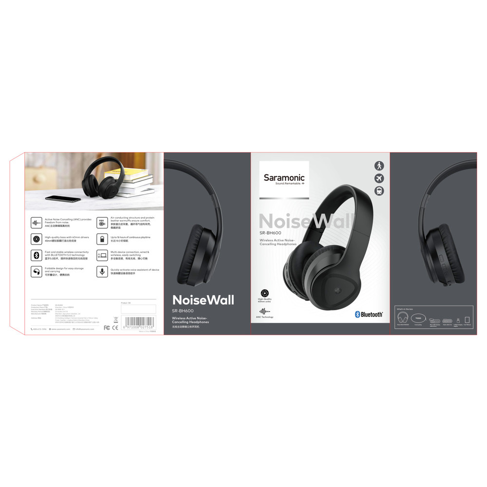 SR-BH600 Wireless BT 5.0 ANC Noise-Cancelling Over-Ear Headphones w/ 40mm  Drivers & Leather Earpads