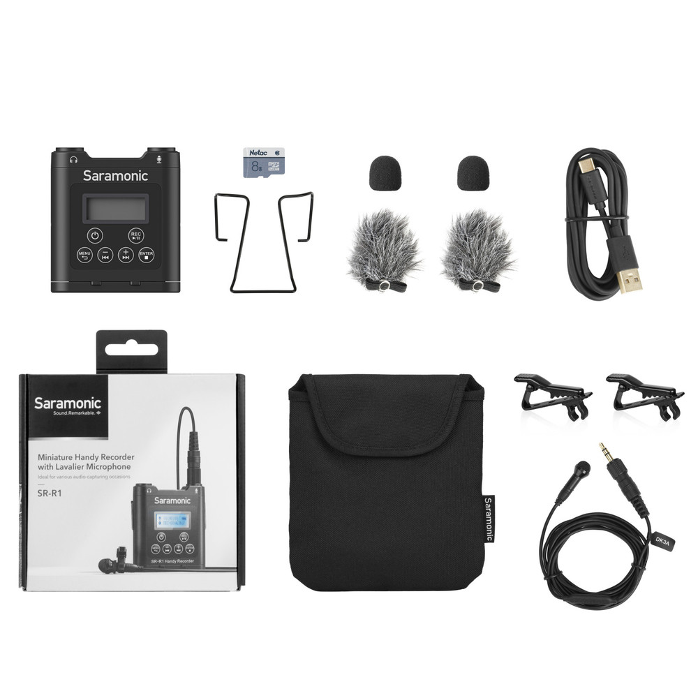 SR-R1 Ultra-Compact Belt Pack Stereo Recorder with 3.5mm Microphone or Line-Level Input, Headphone Out, and Includes DK3A Premium Lavalier and Padded Pouch